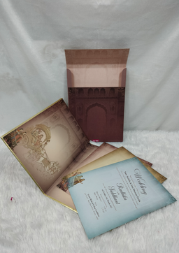 Palace Architecture Indian Bride and Groom Illustration Gold Framed Wedding Card (AC-582) thumbnail 3