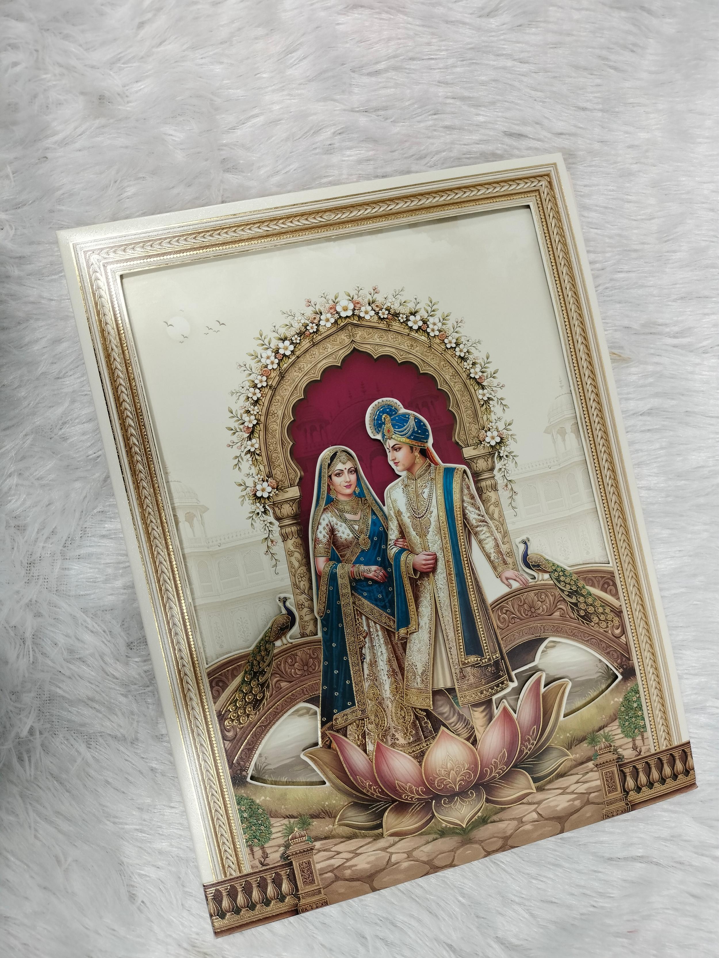 Cream Square Indian Wedding Invitation Card with Royal Couple and Palace Illustration (AC-591-Aakarshak)