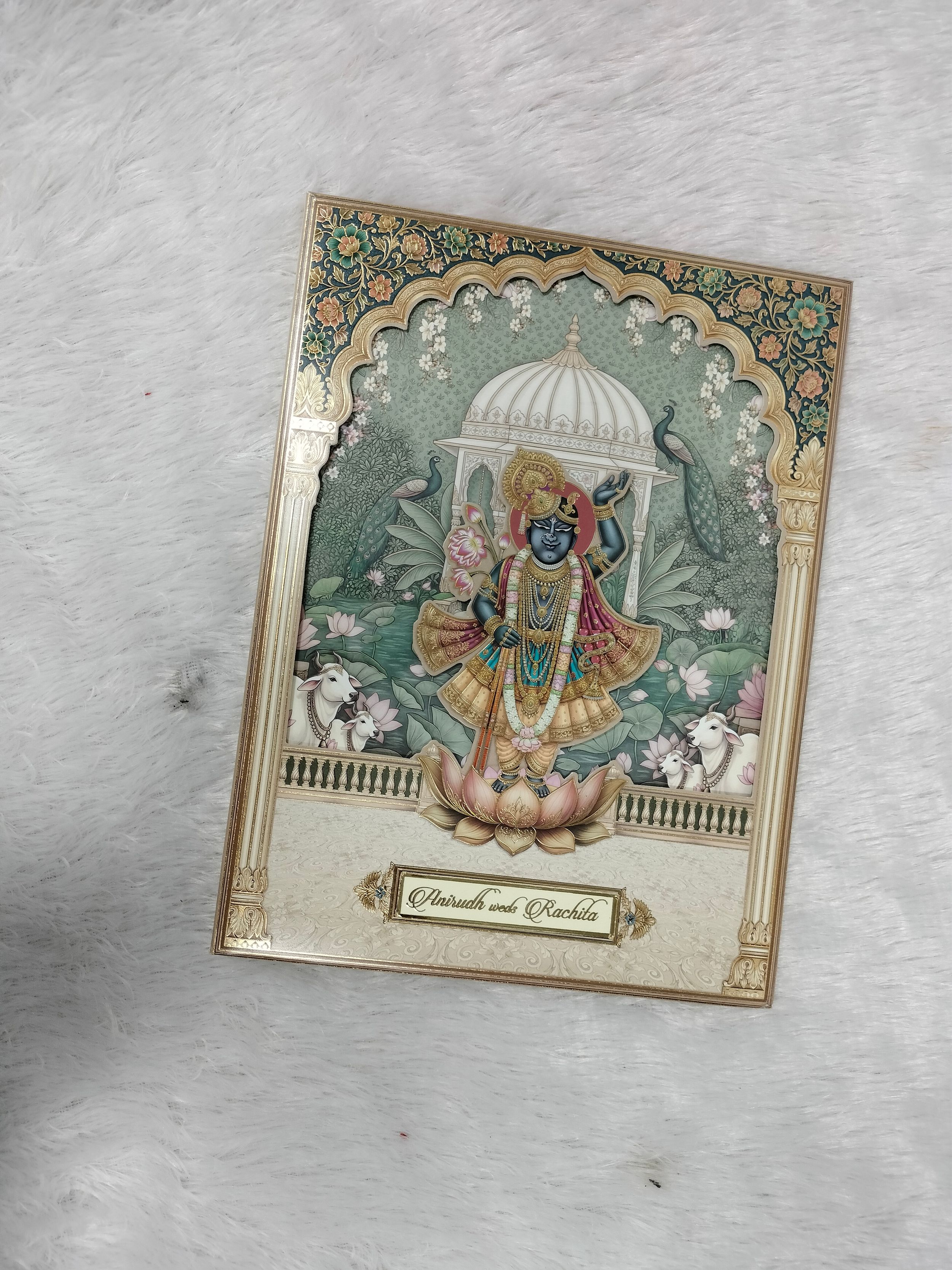 Traditional Pichwai Style Krishna Wedding Invitation Card with Lotus Pond Artwork (AC-592)