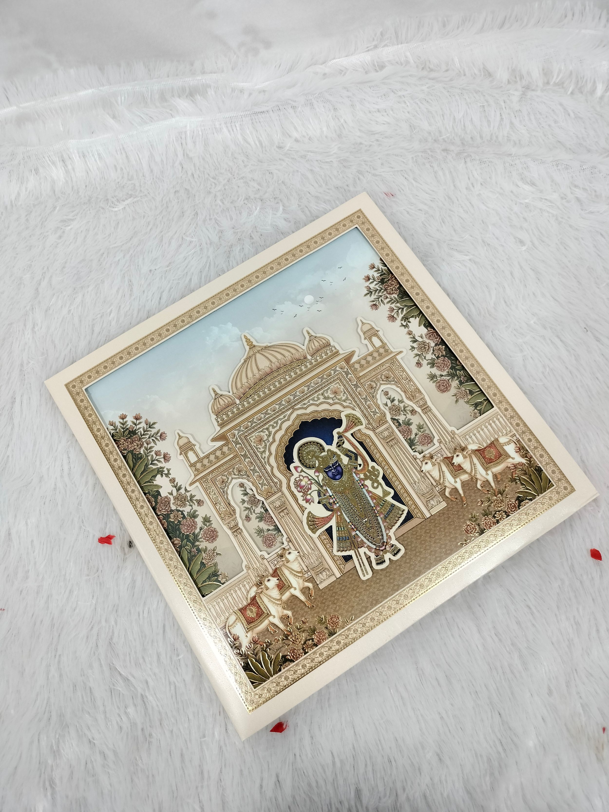 Traditional Shrinathji Artwork Square Wedding Card with Temple Arch and Cows (AC-621)
