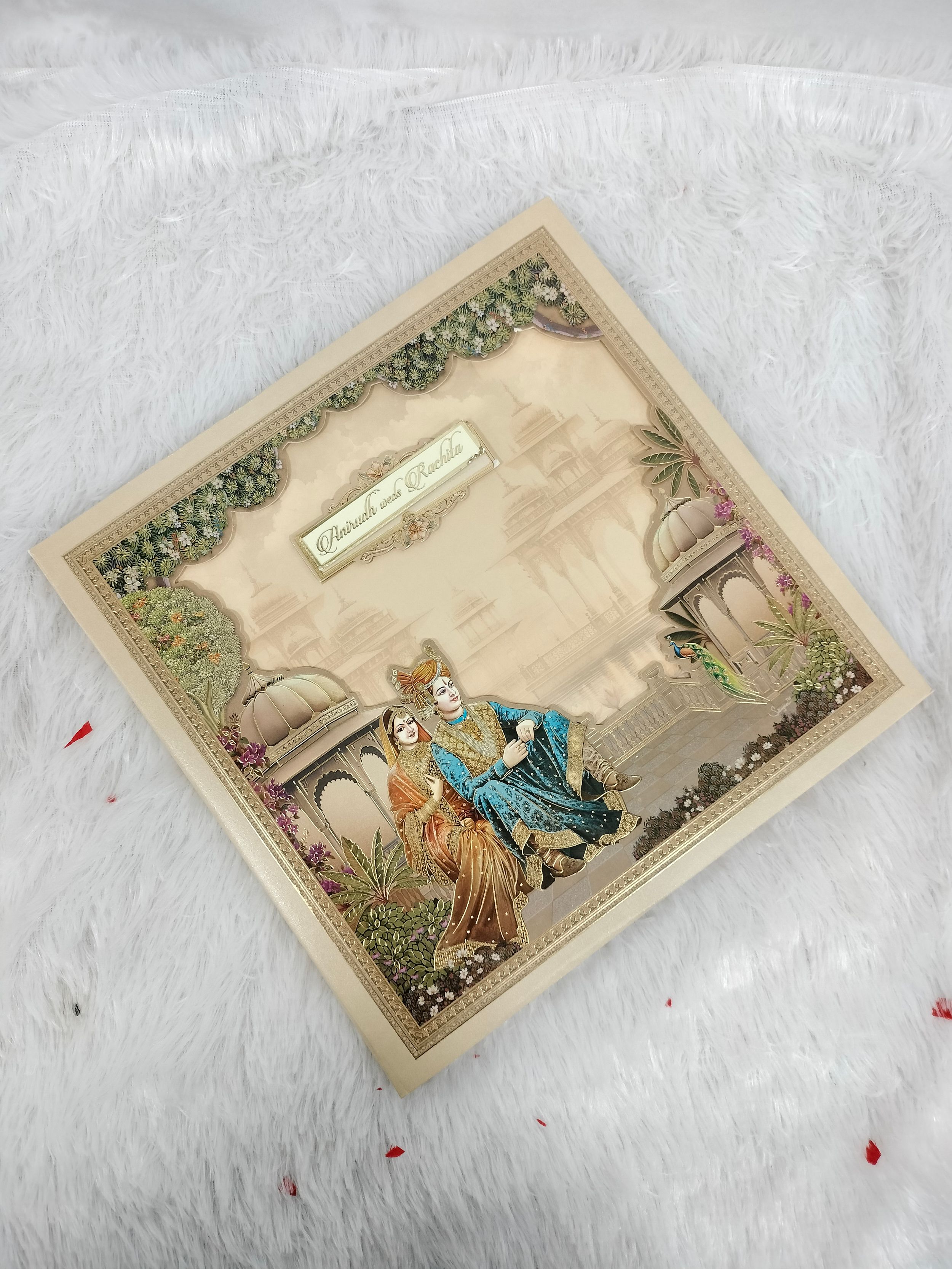 Cream Square Indian Wedding Invitation Card with Royal Couple and Palace Illustration (AC-623)
