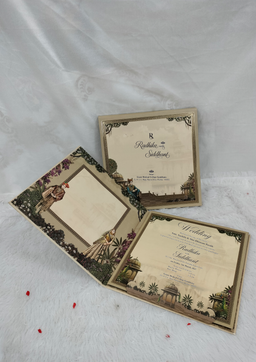 Cream Square Indian Wedding Invitation Card with Royal Couple and Palace Illustration (AC-623) thumbnail 3
