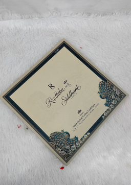 Ornate Royal Blue Peacock Theme Square Indian Wedding Invitation Card (AC-624) thumbnail 3