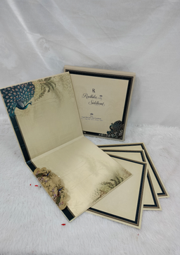 Ornate Royal Blue Peacock Theme Square Indian Wedding Invitation Card (AC-624) thumbnail 4