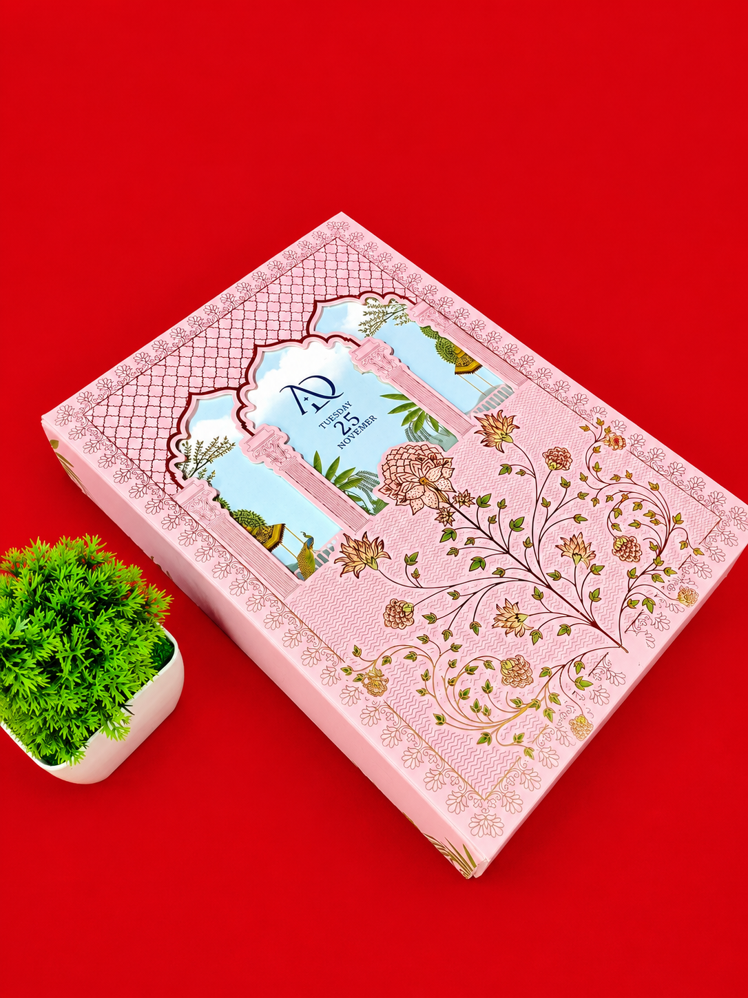Blush Pink Jharokha Arch Wedding Card with Floral Vine Artwork (B-0103)