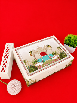 Cream Indian Wedding Box Invitation with Pichwai Palace Cows and Lotus Artwork (B-0104) thumbnail 1