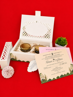 Cream Indian Wedding Box Invitation with Pichwai Palace Cows and Lotus Artwork (B-0104) thumbnail 3