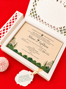Cream Indian Wedding Box Invitation with Pichwai Palace Cows and Lotus Artwork (B-0104) thumbnail 5