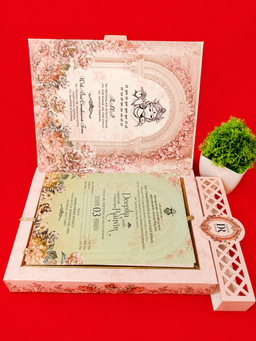 Pastel Pink Floral Archway Wedding Invitation Box Set with Lattice Band (B-0112) thumbnail 2