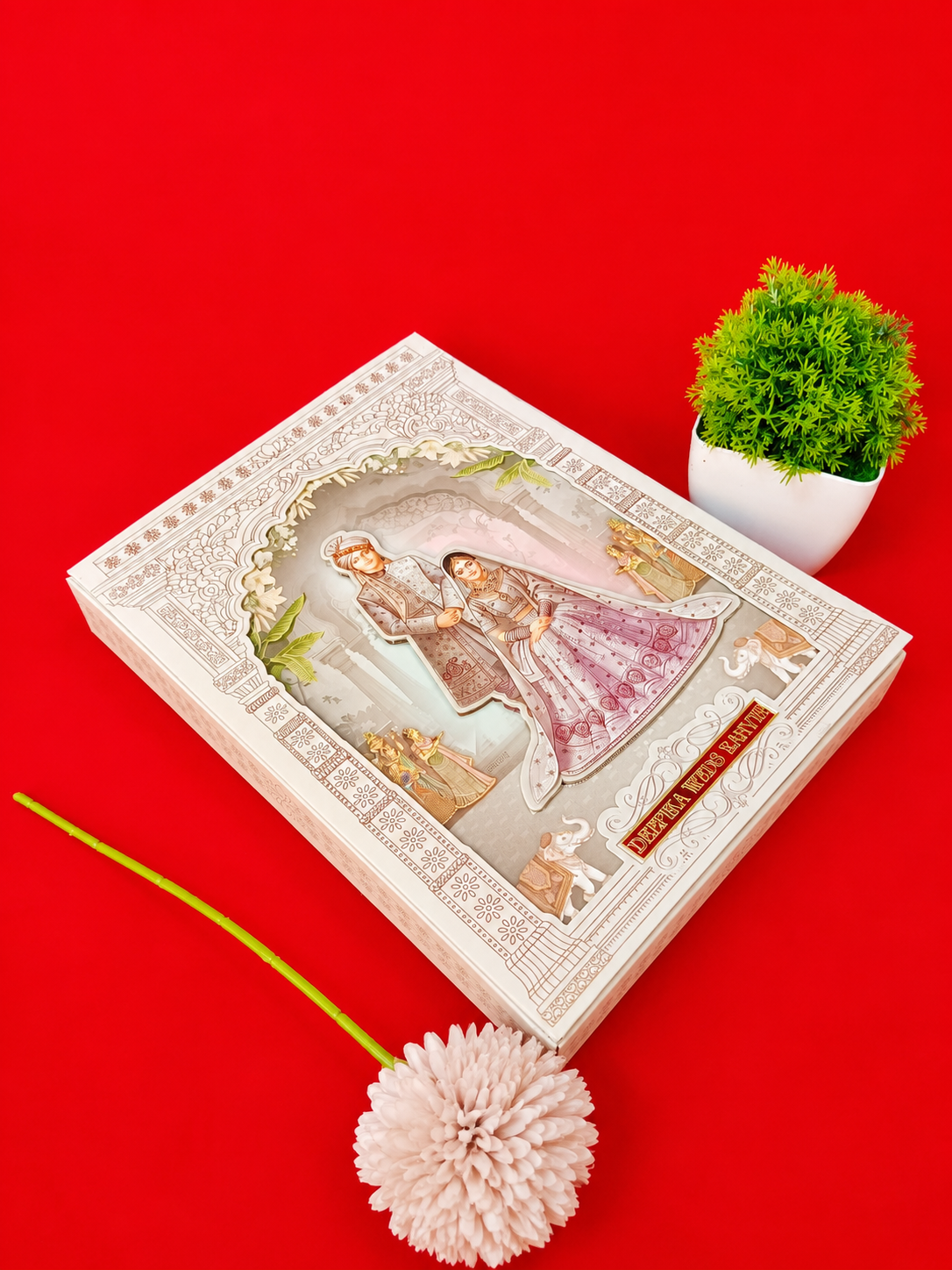 Traditional Cream Arch Frame Wedding Invitation with Bride Groom Illustration (B-0113)