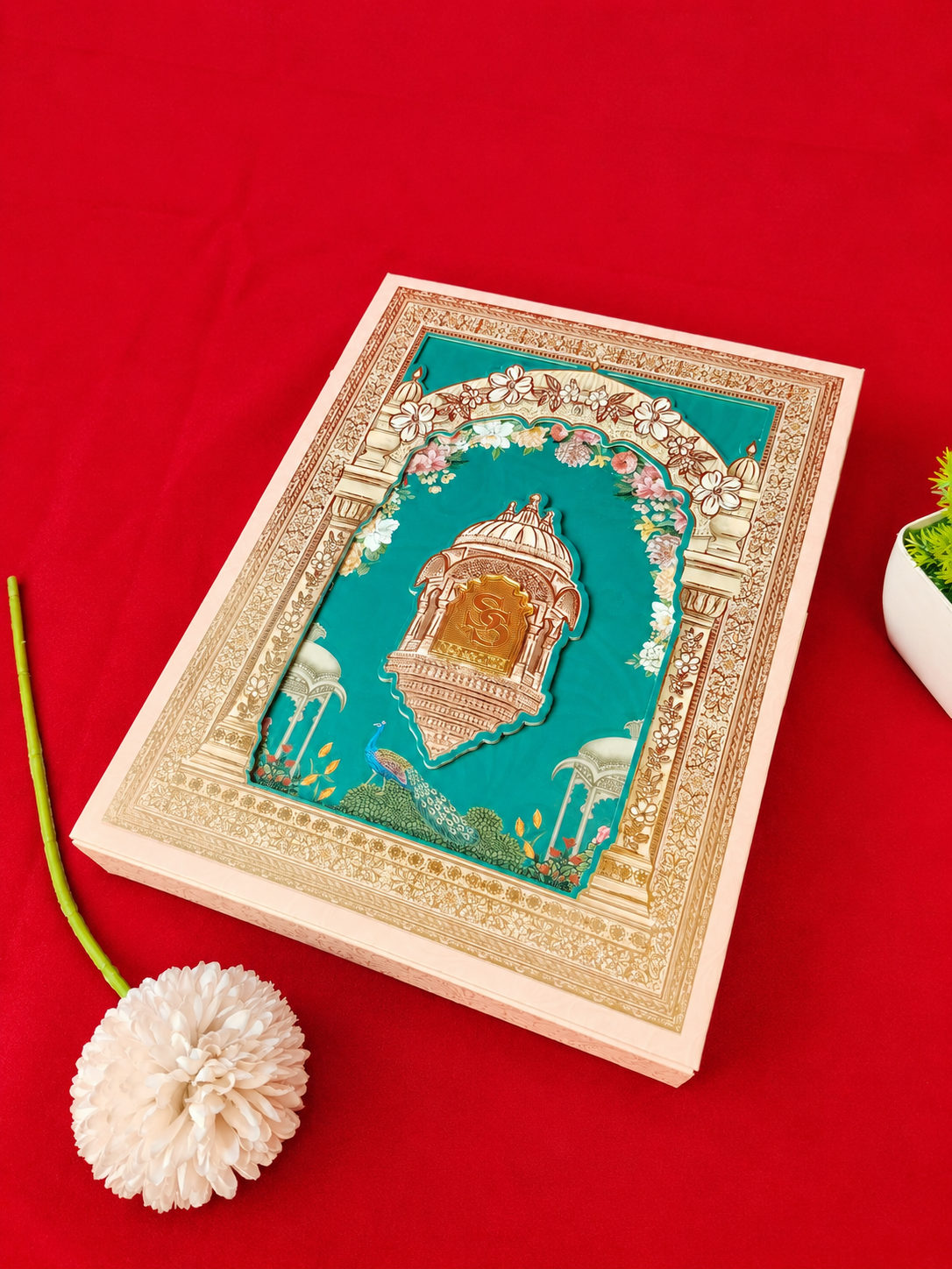 Teal Jharokha Wedding Invitation Card with Floral Arch and Peacock Motifs (B-0114)