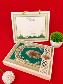Teal Jharokha Wedding Invitation Card with Floral Arch and Peacock Motifs (B-0114) thumbnail 2