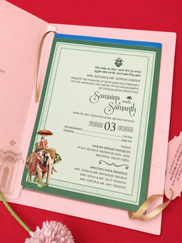 Teal Jharokha Wedding Invitation Card with Floral Arch and Peacock Motifs (B-0114) thumbnail 5