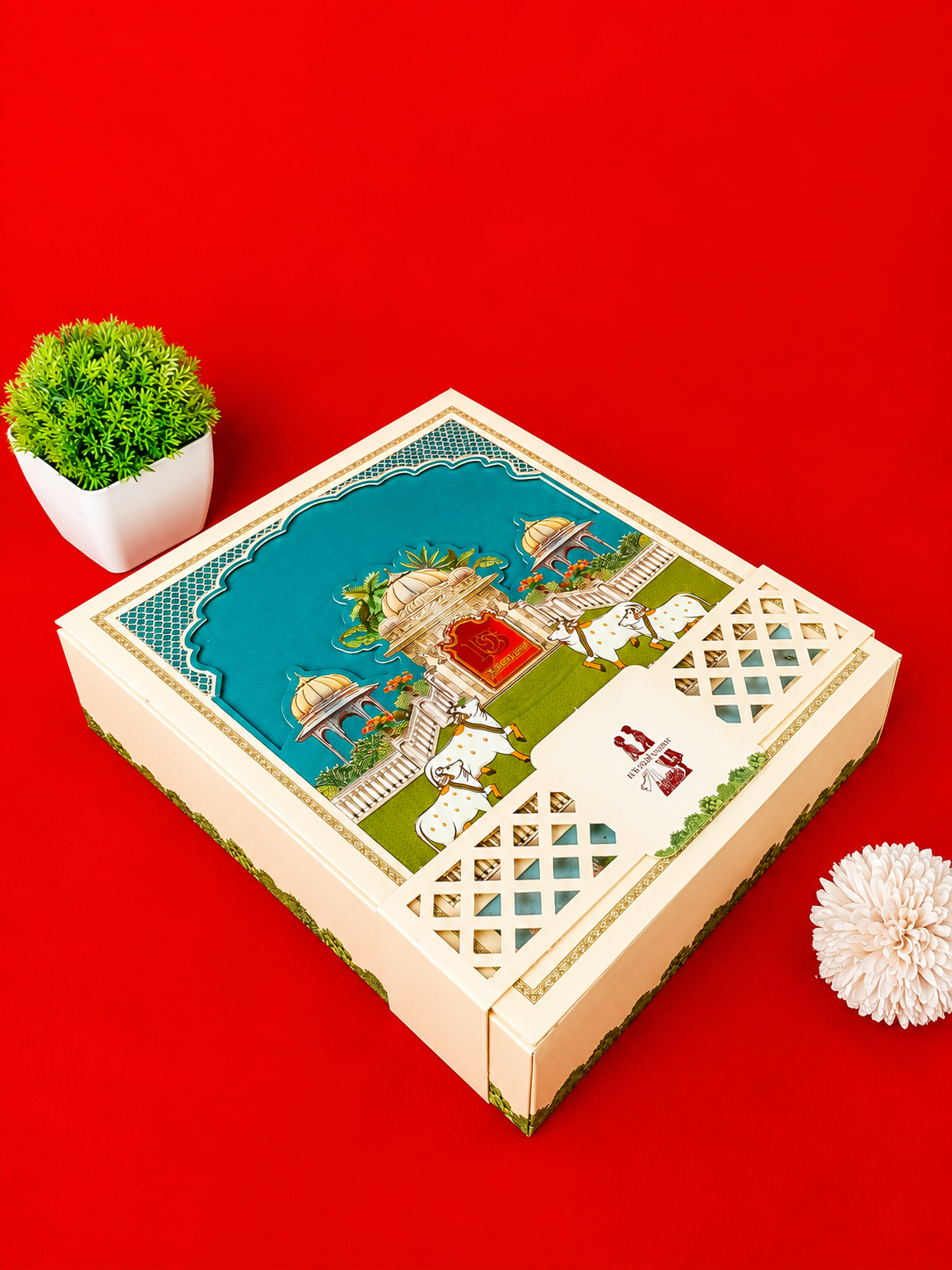 Cream and Teal Pichwai Style Wedding Box with Palace Artwork and Cow Motifs (B-0121)
