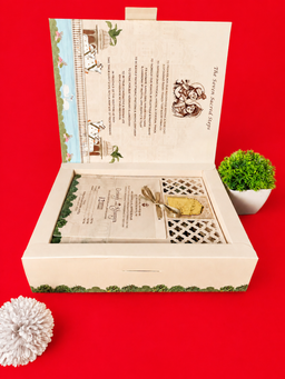 Cream and Teal Pichwai Style Wedding Box with Palace Artwork and Cow Motifs (B-0121) thumbnail 2