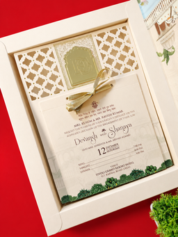Cream and Teal Pichwai Style Wedding Box with Palace Artwork and Cow Motifs (B-0121) thumbnail 3
