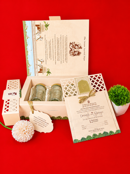 Cream and Teal Pichwai Style Wedding Box with Palace Artwork and Cow Motifs (B-0121) thumbnail 6