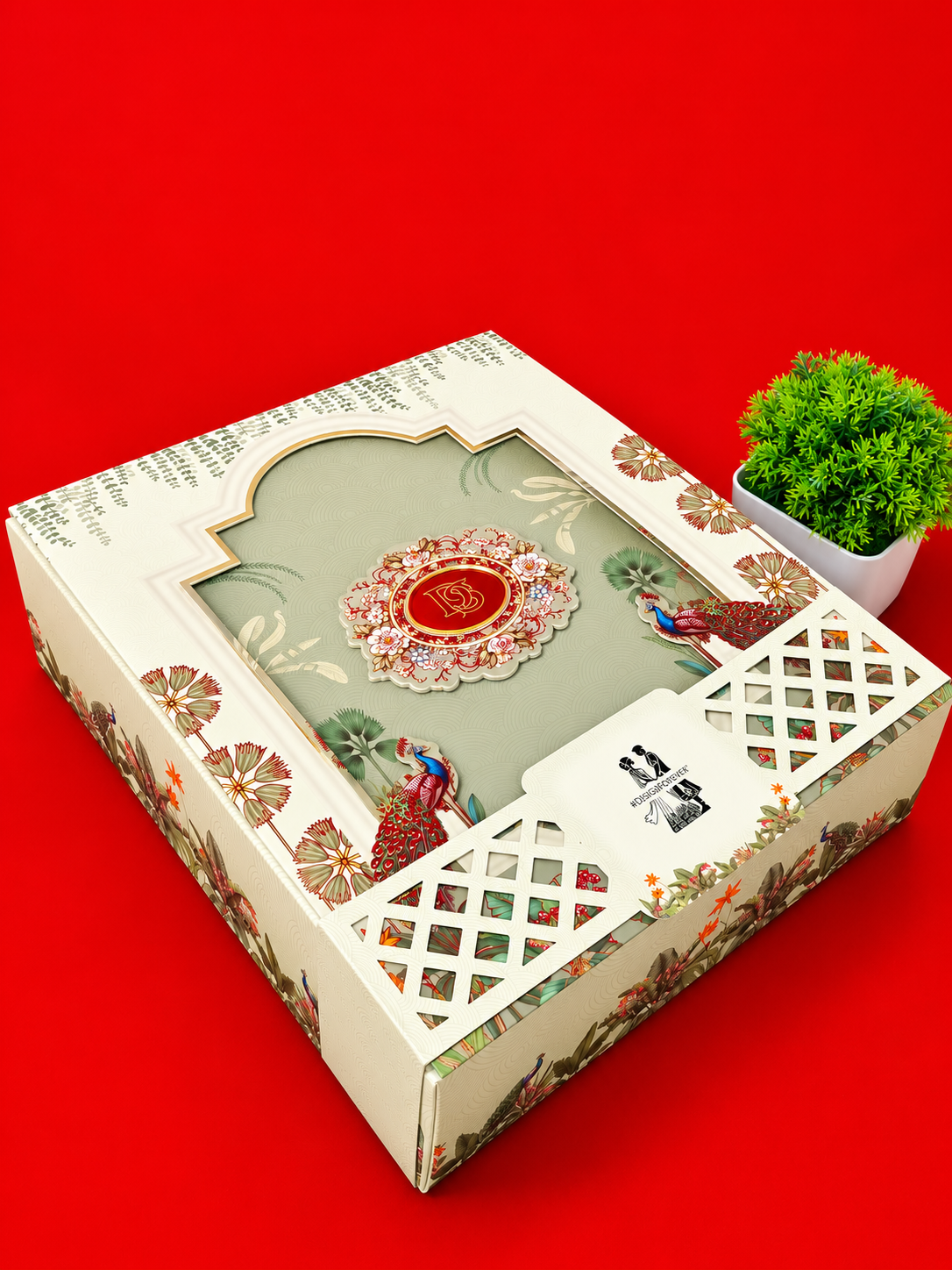 Cream and Sage Green Arch Wedding Card Box with Peacock Motifs (B-0122)