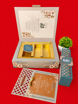 Teal and Peach Floral Wedding Invitation Box with Lattice Band Seal (B-0123) thumbnail 2