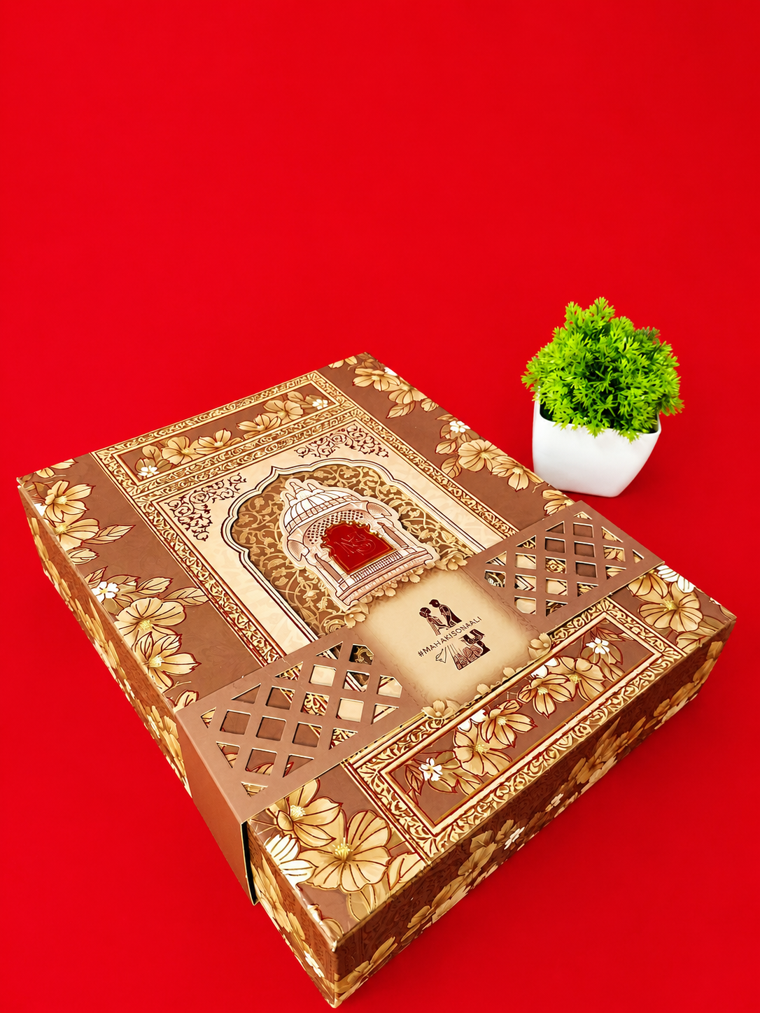Brown and Gold Traditional Palace Arch Floral Wedding Invitation Box (B-0126)