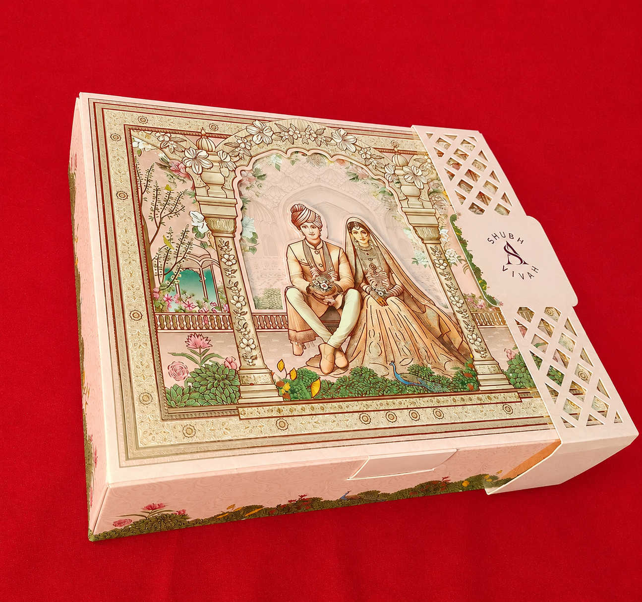 Pastel Pink Indian Wedding Invitation Box with Bride Groom Illustration (B-0127)