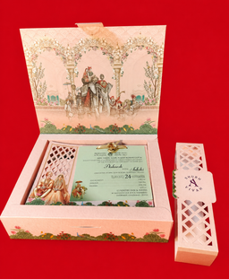 Pastel Pink Indian Wedding Invitation Box with Bride Groom Illustration (B-0127) thumbnail 2