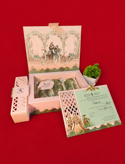 Pastel Pink Indian Wedding Invitation Box with Bride Groom Illustration (B-0127) thumbnail 4