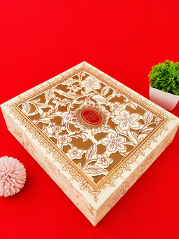 Cream and Gold Floral Patterned Wedding Box with Monogram Crest (B-0128) thumbnail 1