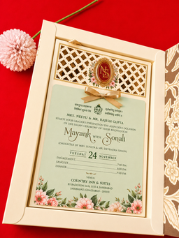 Cream and Gold Floral Patterned Wedding Box with Monogram Crest (B-0128) thumbnail 4