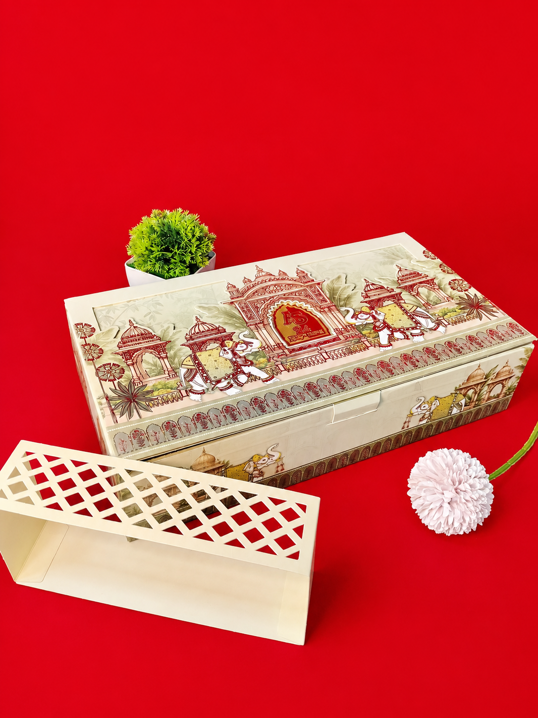 Off White Regal Indian Wedding Box with Elephant and Palace Illustrations (B-0131)