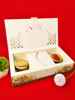 Off White Regal Indian Wedding Box with Elephant and Palace Illustrations (B-0131) thumbnail 2