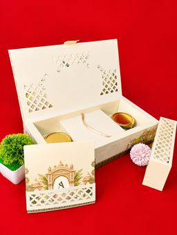 Off White Regal Indian Wedding Box with Elephant and Palace Illustrations (B-0131) thumbnail 3