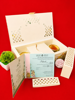 Off White Regal Indian Wedding Box with Elephant and Palace Illustrations (B-0131) thumbnail 4