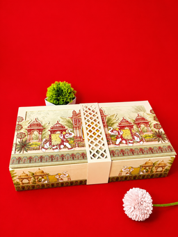 Off White Regal Indian Wedding Box with Elephant and Palace Illustrations (B-0131) thumbnail 5