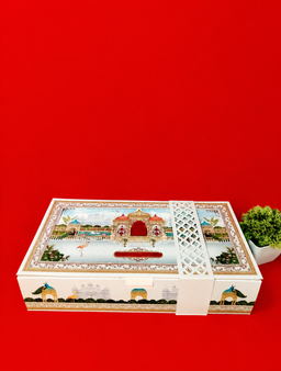 White Royal Heritage Palace Theme Wedding Invitation Box with Peacock Illustrations (B-0132) thumbnail 1