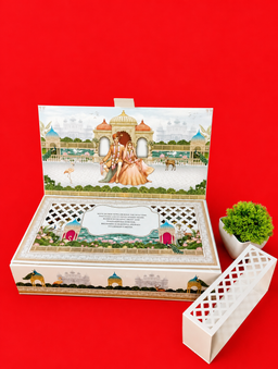 White Royal Heritage Palace Theme Wedding Invitation Box with Peacock Illustrations (B-0132) thumbnail 2