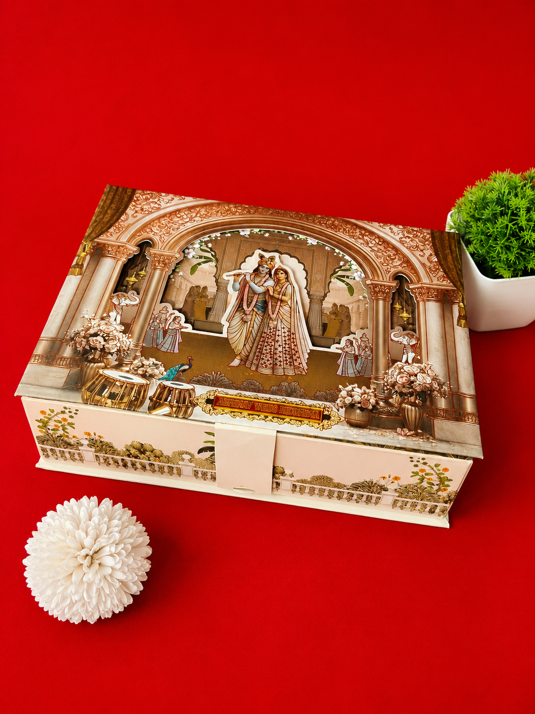 Cream Traditional Palace Arch Radha Krishna Artwork Wedding Box (B-0142)