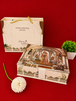 Cream Traditional Palace Arch Radha Krishna Artwork Wedding Box (B-0142) thumbnail 2