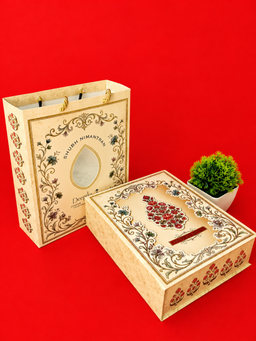 Cream Box Style Wedding Invitation with Red Floral Motif and Ornate Border (B-0148) thumbnail 3