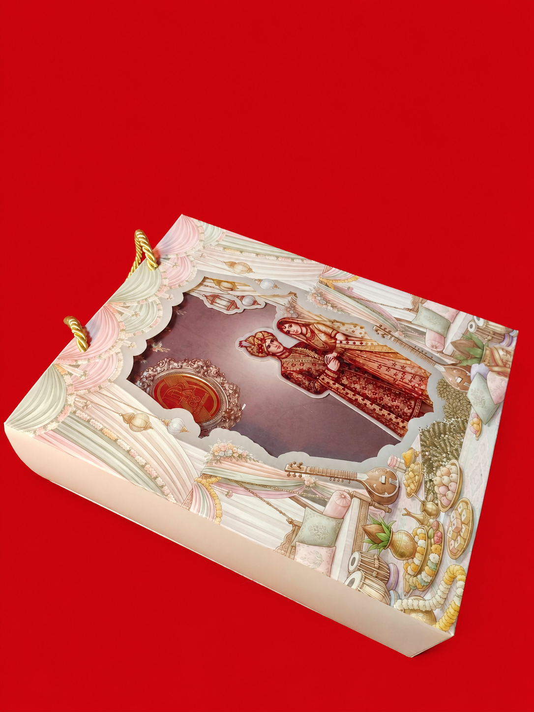 Indian Wedding Invitation Bag with Bride Groom Illustration and Traditional Decor (B-0149)