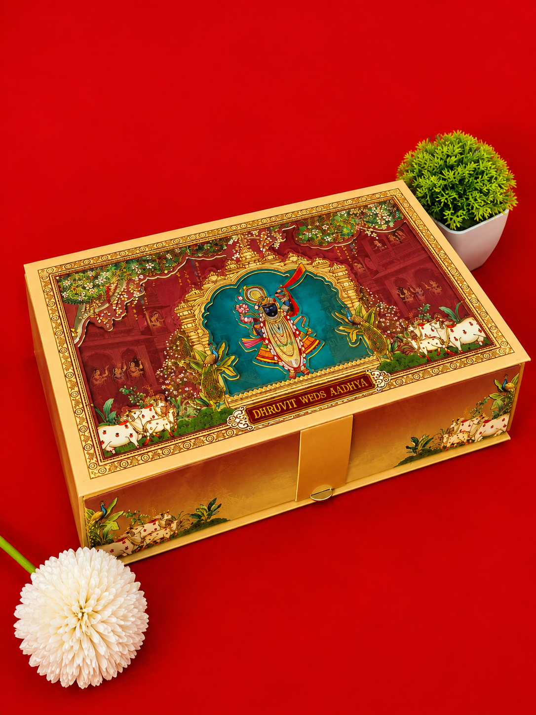 Gold Pichwai Style Box Wedding Card with Shrinathji Motif and Cow Artwork (B-0150)
