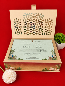 Gold Pichwai Style Box Wedding Card with Shrinathji Motif and Cow Artwork (B-0150) thumbnail 2