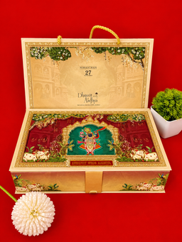 Gold Pichwai Style Box Wedding Card with Shrinathji Motif and Cow Artwork (B-0150) thumbnail 4