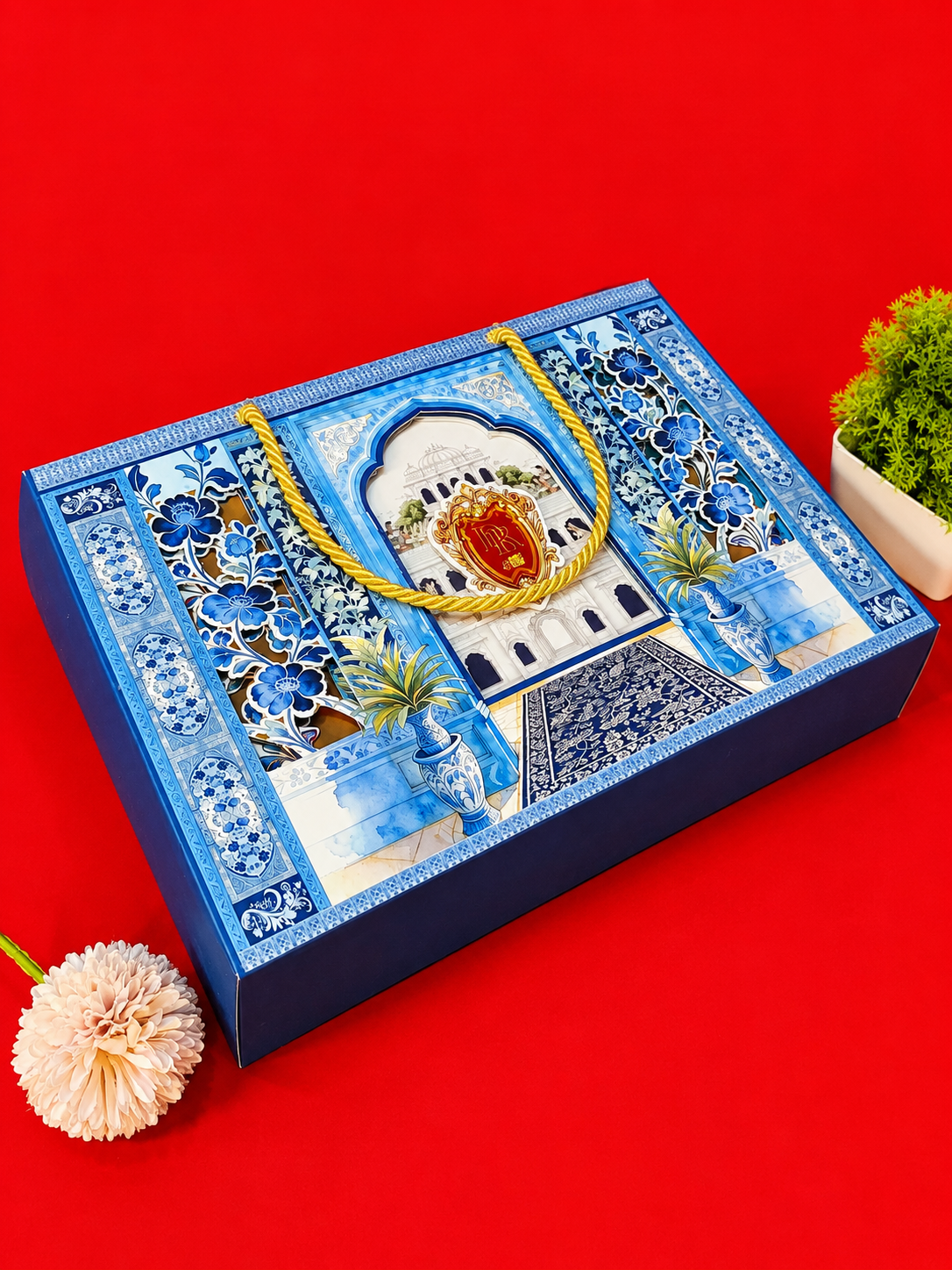 Blue Traditional Palace Architecture Wedding Invitation Box with Floral Cutouts (B-0151)