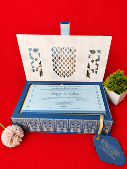 Blue Traditional Palace Architecture Wedding Invitation Box with Floral Cutouts (B-0151) thumbnail 2