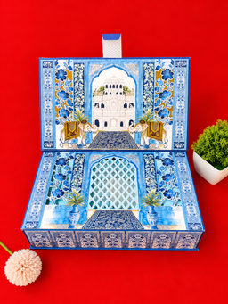 Blue Traditional Palace Architecture Wedding Invitation Box with Floral Cutouts (B-0151) thumbnail 4