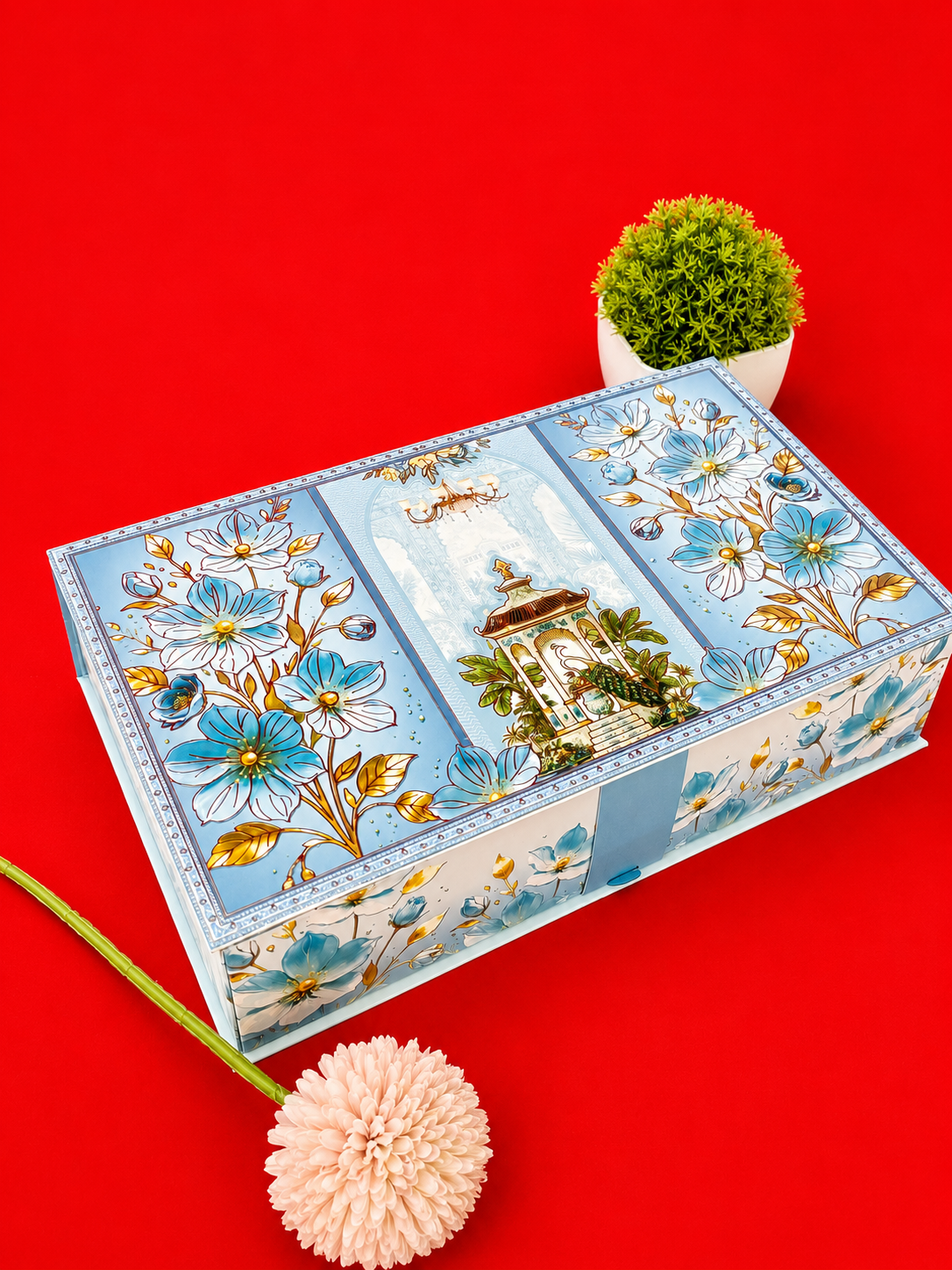 Light Blue Floral Wedding Box Invitation with Gazebo and Peacock Illustration (B-0152)