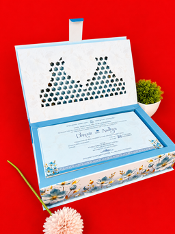 Light Blue Floral Wedding Box Invitation with Gazebo and Peacock Illustration (B-0152) thumbnail 3