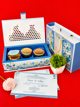 Light Blue Floral Wedding Box Invitation with Gazebo and Peacock Illustration (B-0152) thumbnail 5