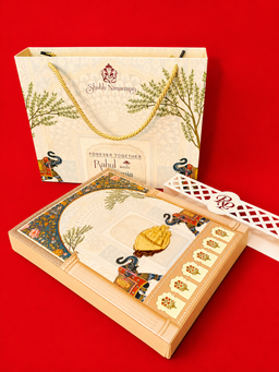 Traditional Cream Indian Wedding Card Box Set with Elephants and Ganesha Motif (B-0514) thumbnail 1
